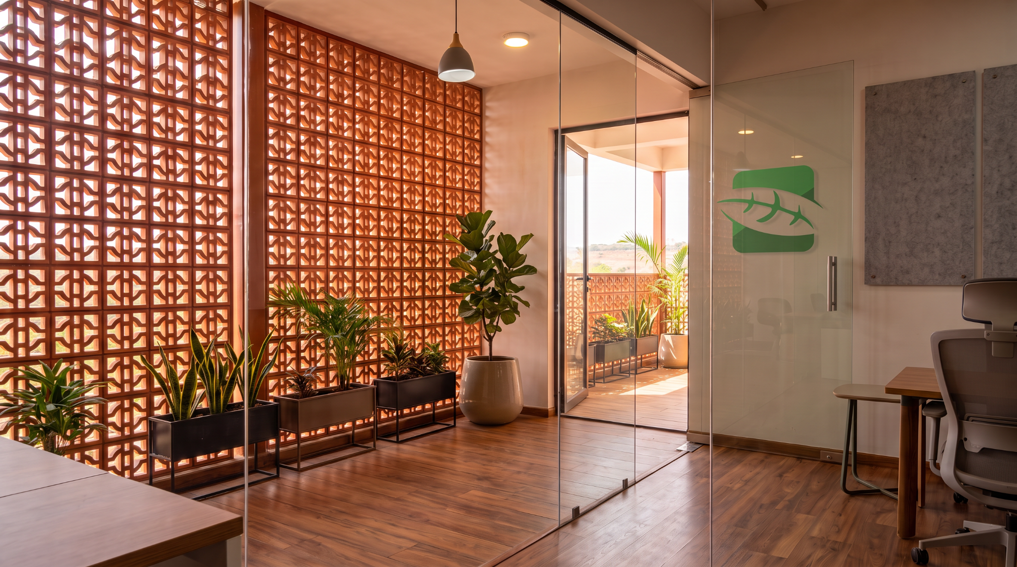 Interior workspace and circulation edge behind the terracotta jali