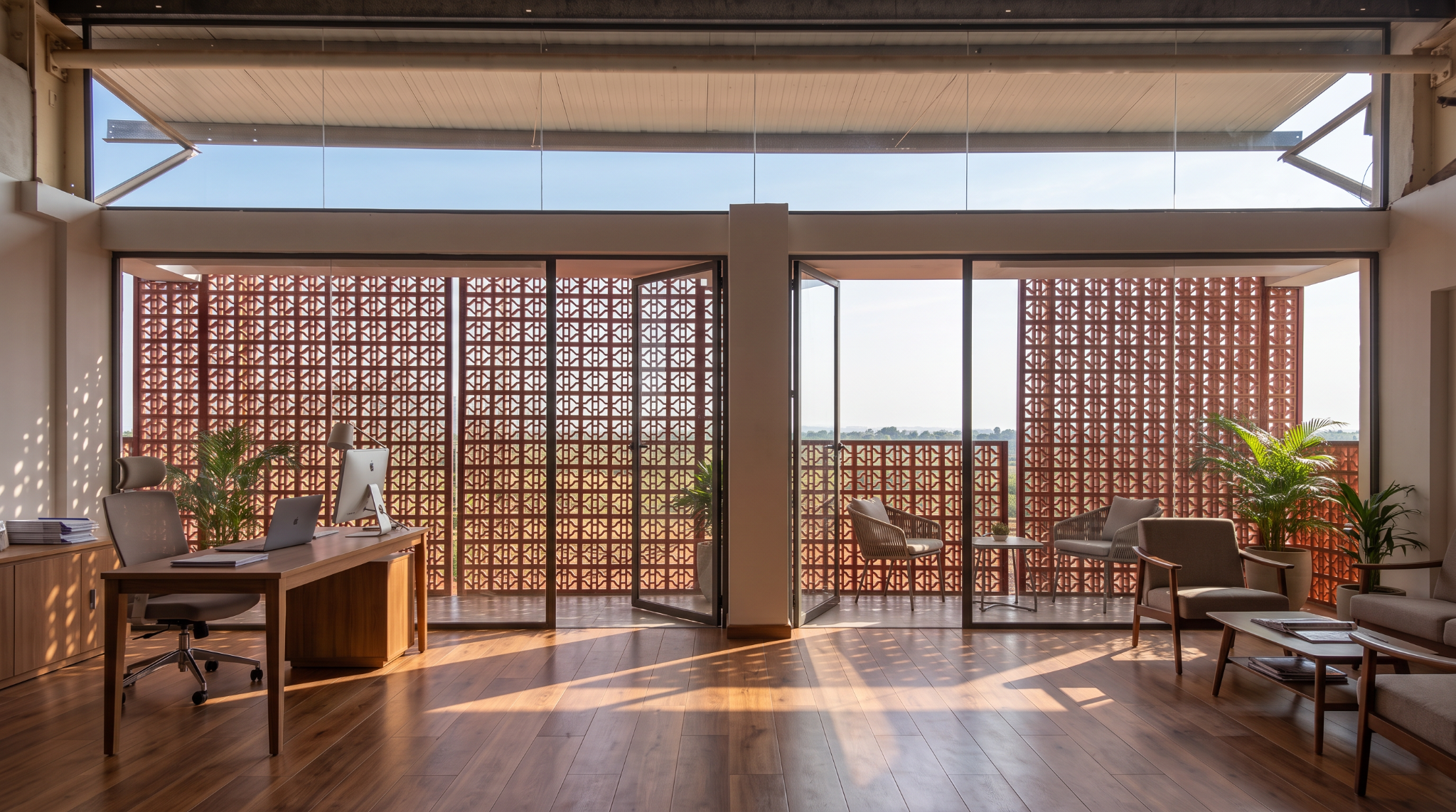 Occupied office edge behind the terracotta jali screen