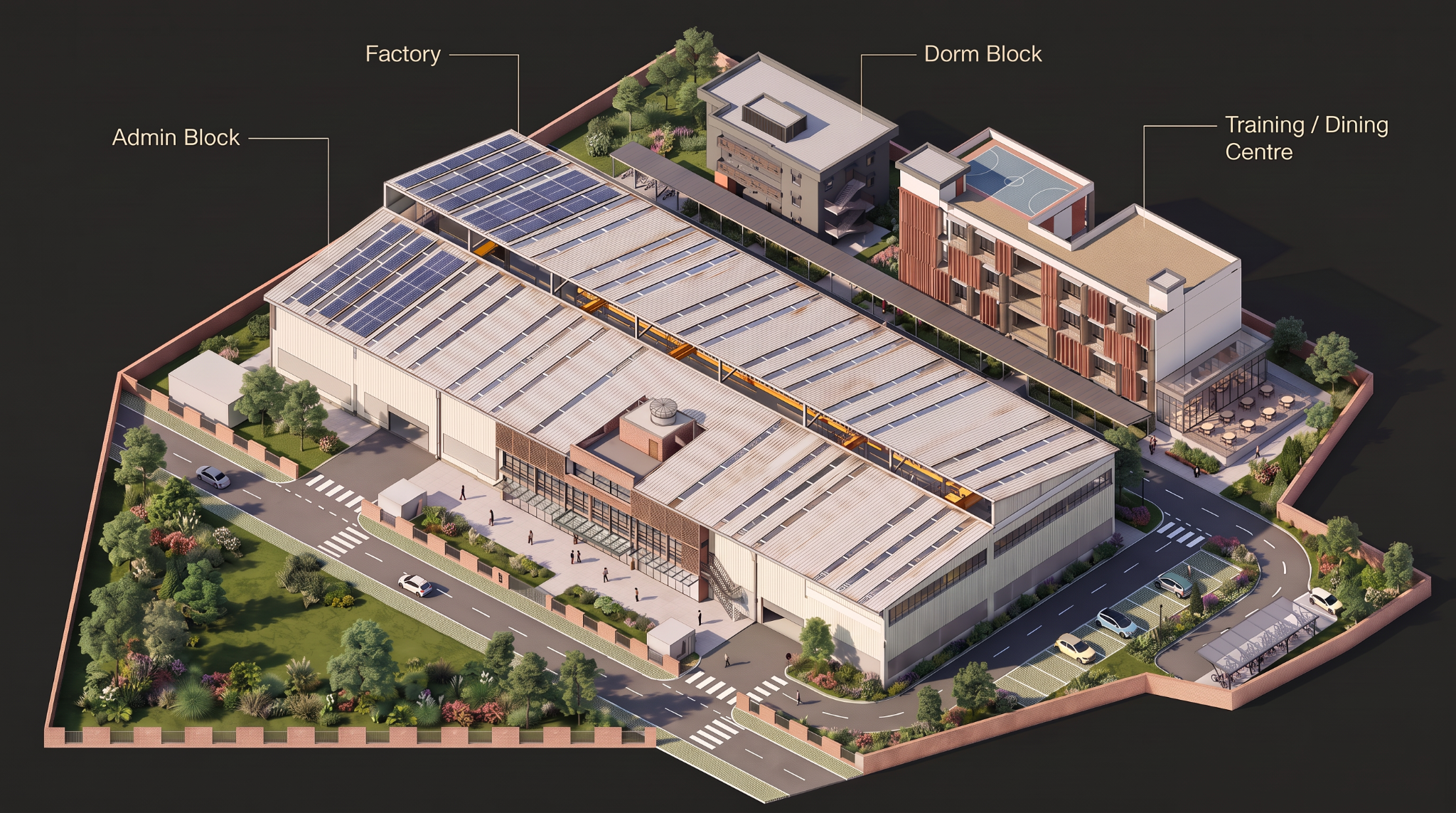 Axonometric overview of the Greenway industrial campus