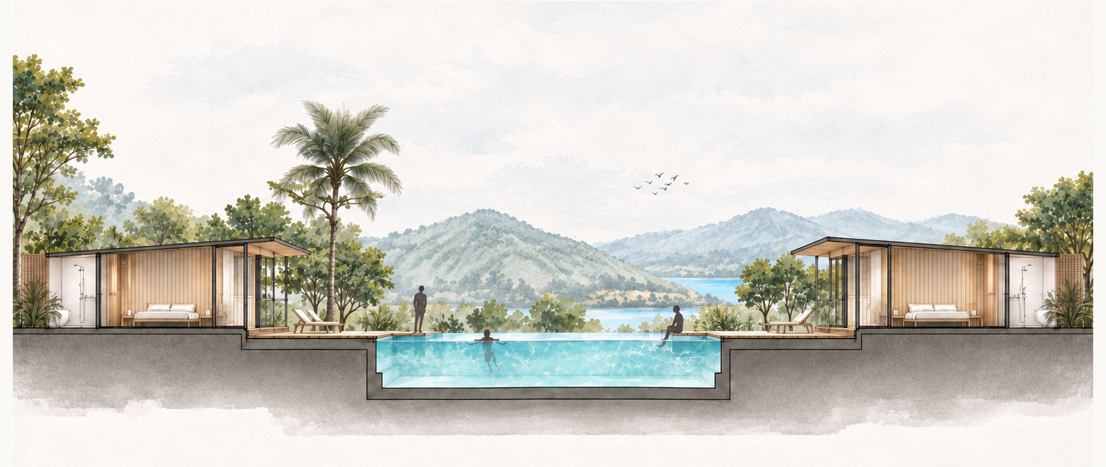 Section through the cottages, pool deck and shared water court