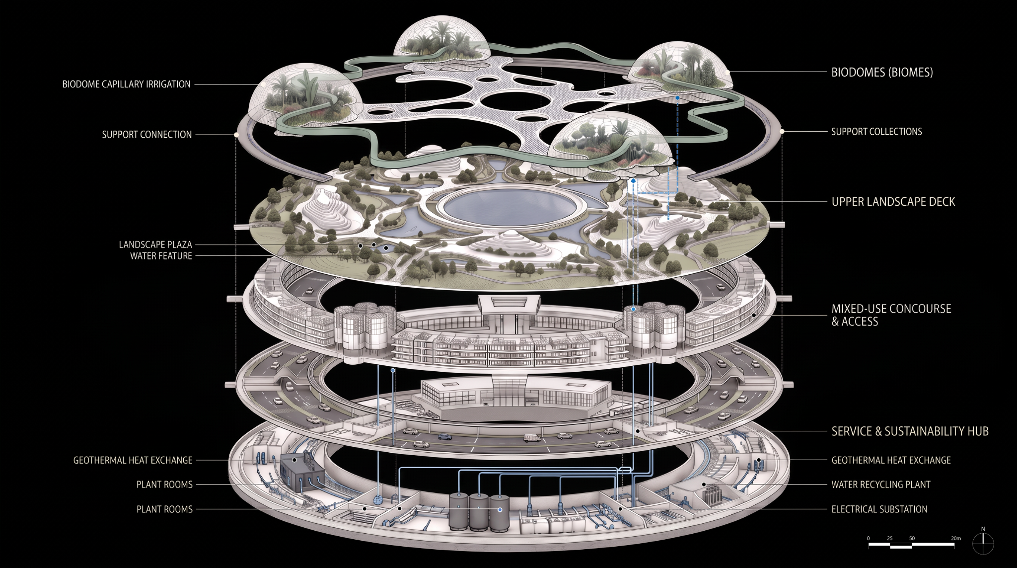 Exploded integrated urban systems diagram showing landscape, mixed-use, mobility and resource infrastructure